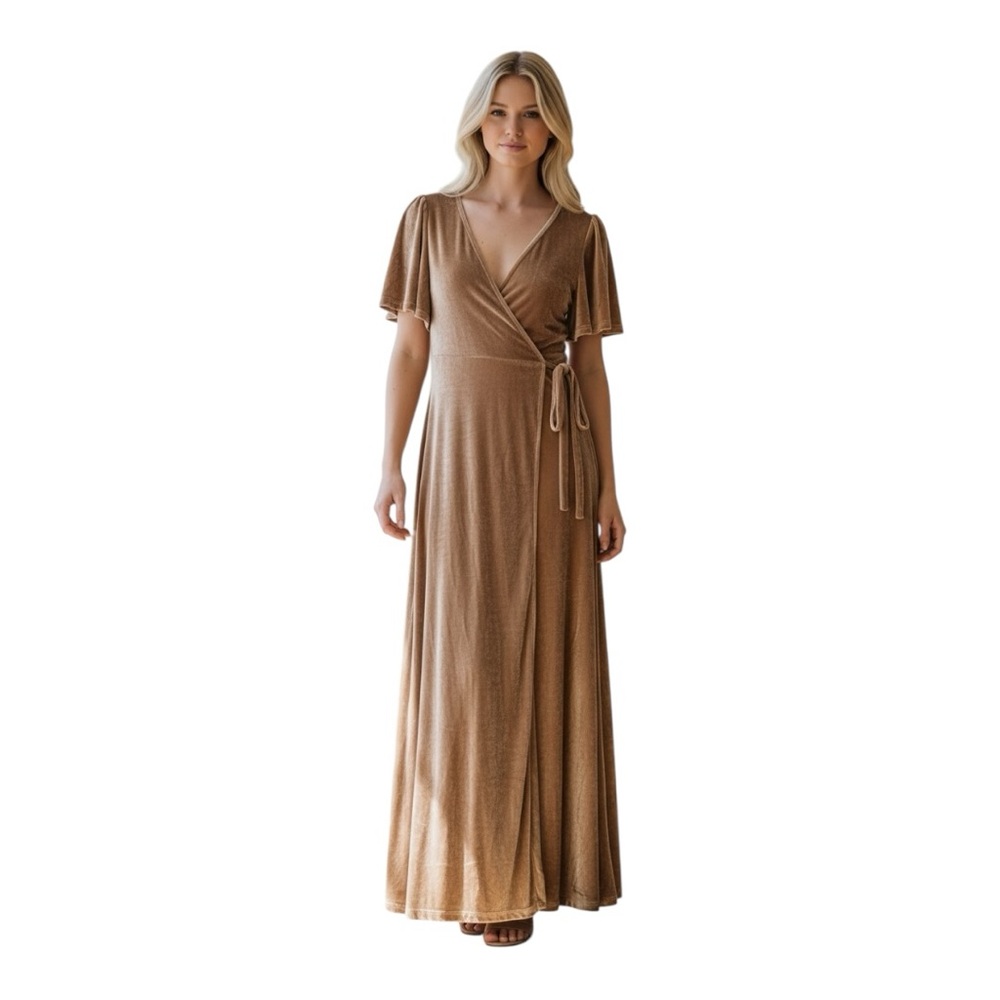 Baltic Born Katelyn Velvet Maxi Wrap Dress Flutter Sleeve True Wrap Taupe Mocha